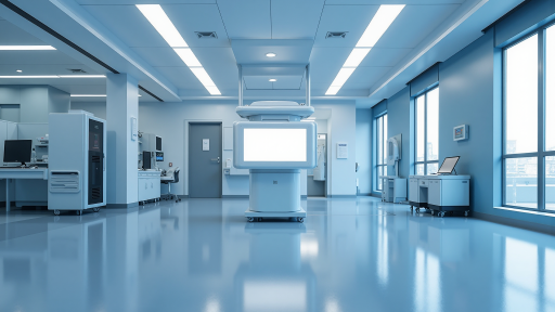 现代化医院建筑,医疗设备展示,医生工作场景,高科技医疗器械